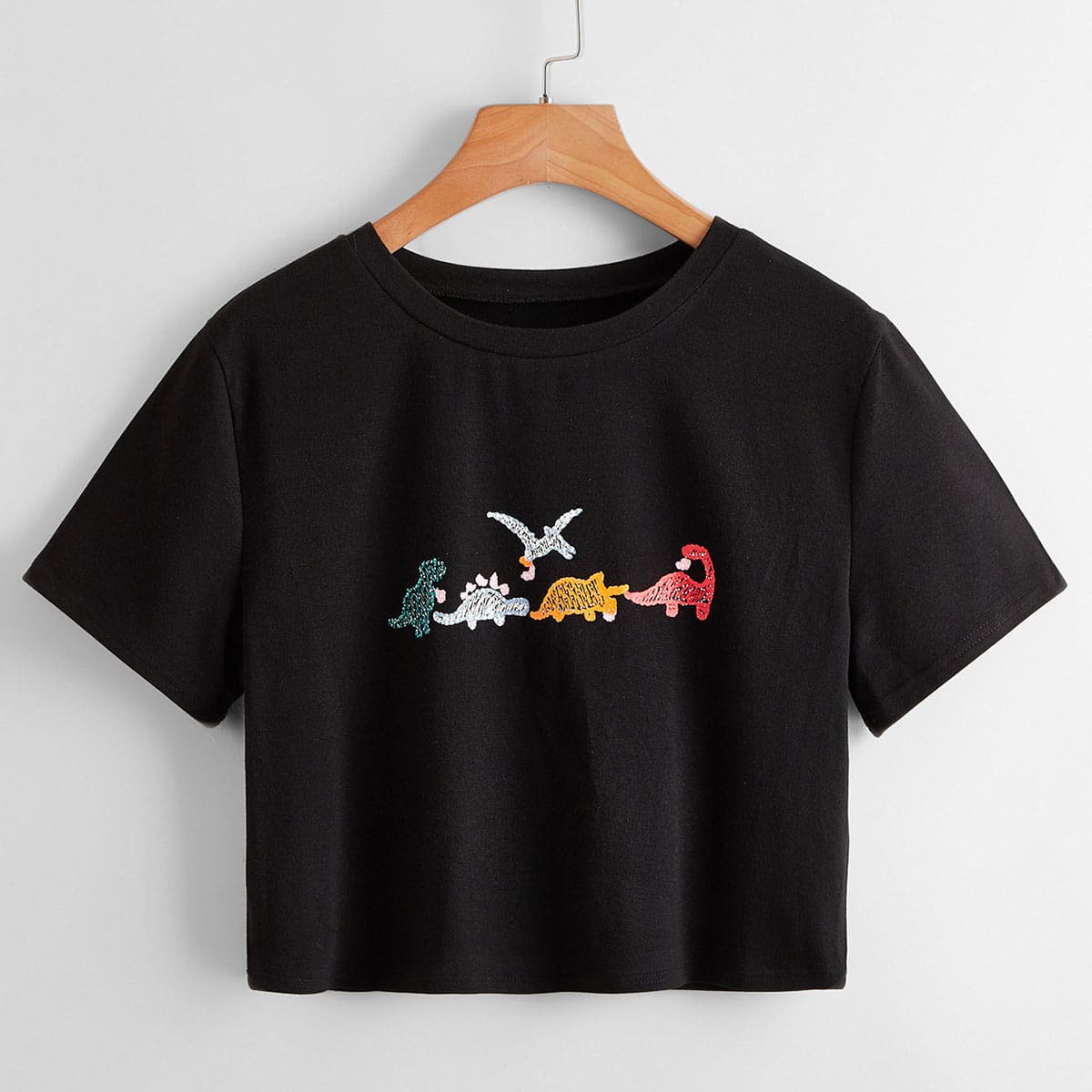 

Cartoon Dinosaur Graphic Crop Tee, Black