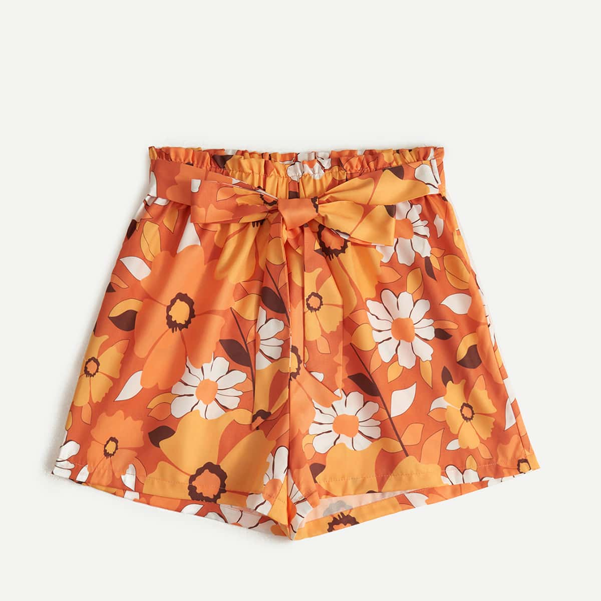 

Floral Print Belted Shorts, Orange