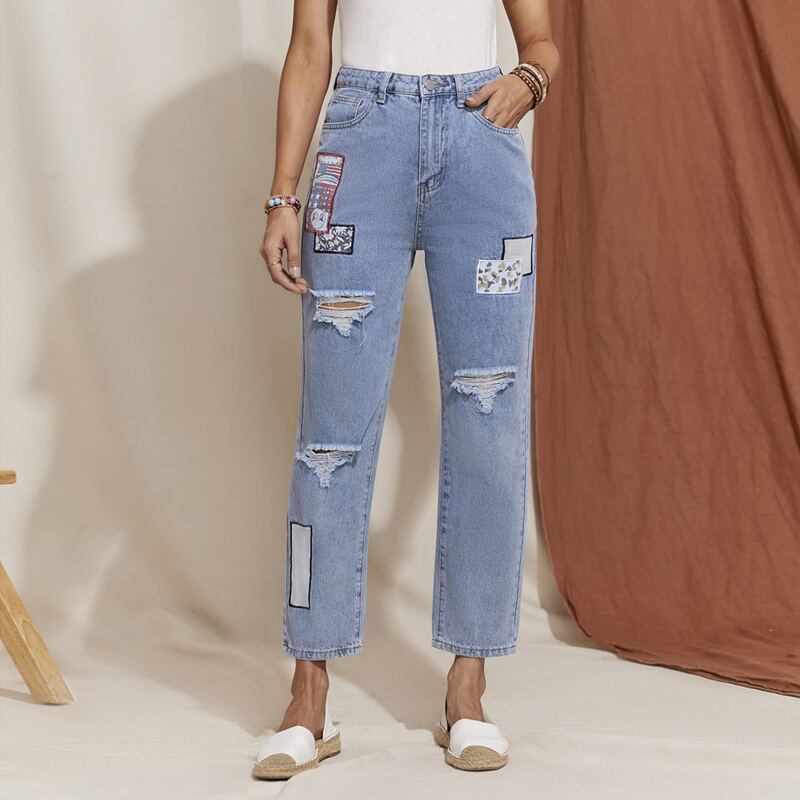 

High Waist Patched Detail Straight Leg Jeans, Medium wash