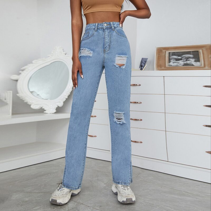 

Zipper Fly Ripped Detail Split Hem Jeans, Light wash
