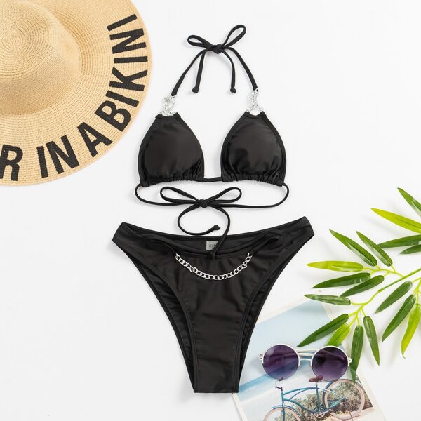 

Chain Linked Halter Triangle Bikini Swimsuit, Black