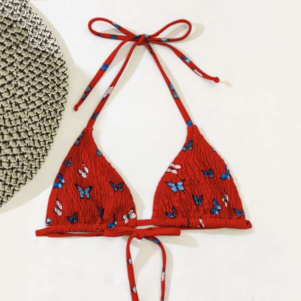 

Butterfly Pattern Smocked Bikini Top, Red