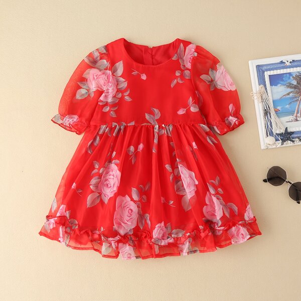 

Toddler Girls Floral Print Zipper Back Ruffle Hem Smock Dress, Red