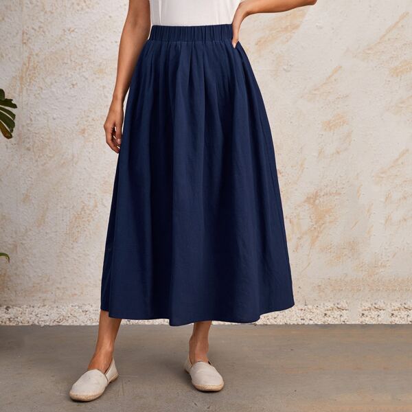 

Solid Elastic Waist Skirt, Navy blue