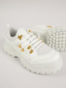 Giày thể thao Ren lên màu trơn Ren lên Thể thao - Màu be - Xem 2