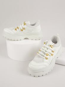 Giày thể thao Ren lên màu trơn Ren lên Thể thao - Màu be - Xem 4