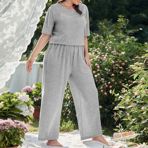

Plus Solid Rib Knit Pajama Set, Grey