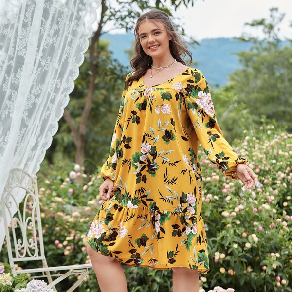 

Plus Floral Ruffle Hem Night Dress, Multicolor
