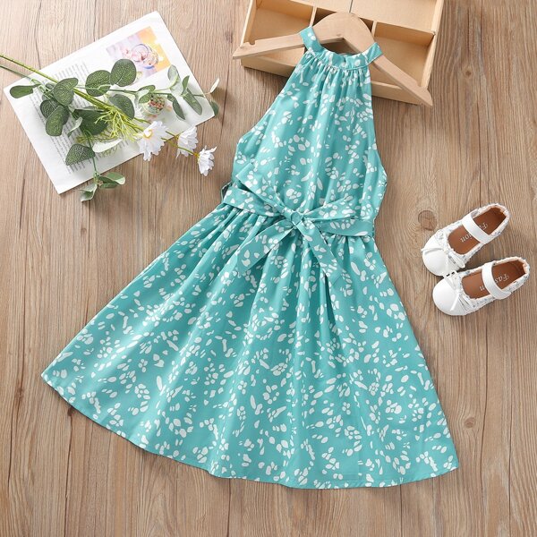 

Toddler Girls Allover Print Belted Halter Dress, Mint blue