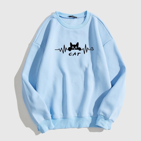 

Oversized Cat & Letter Graphic Thermal Sweatshirt, Baby blue