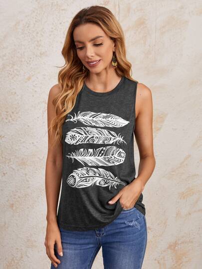 SHEIN LUNE Feather Print Tank Top