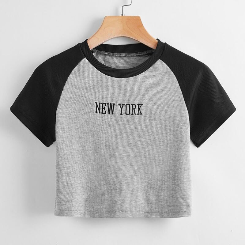 

Letter Embroidery Colorblock Ribbed Crop Tee, Multicolor