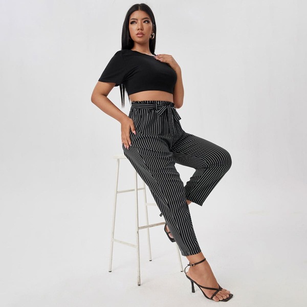 

Plus Crop Tee & Stripe Belted Pants, Black