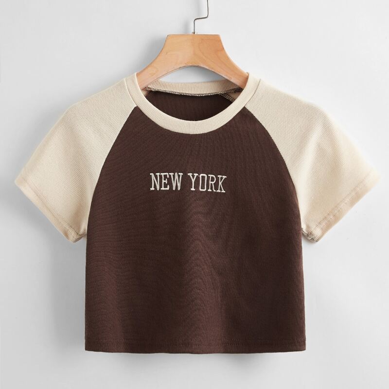 

Letter Embroidery Colorblock Ribbed Crop Tee, Multicolor