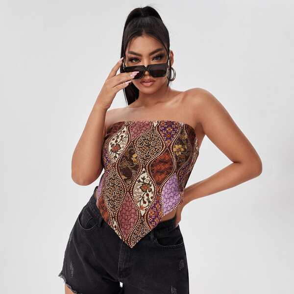 

Plus Patchwork Print Tie Back Bandana Tube Top, Multicolor