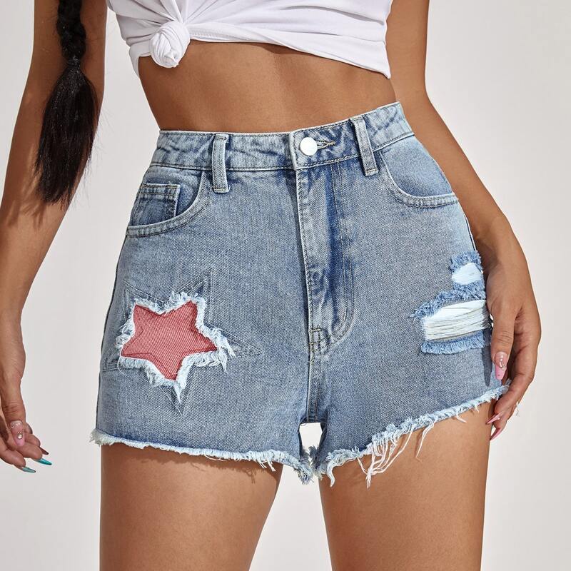 

Zipper Fly Star Pattern Raw Hem Denim Shorts, Light wash