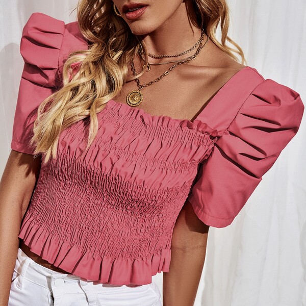 

Puff Sleeve Shirred Peplum Crop Top, Dusty pink