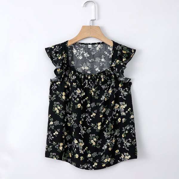 

Girls Floral Ruffle Trim Square Neck Blouse, Black