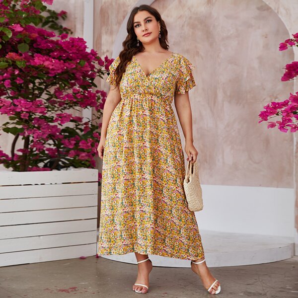 

Plus Floral Surplice Front Layered Sleeve Dress, Multicolor