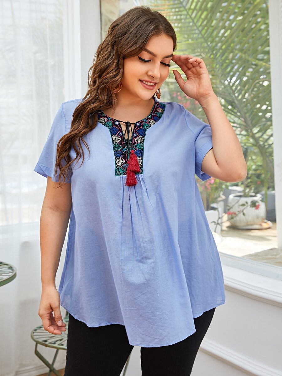 Camisa con bordado de dibujo de cuello con cordón - Azul - Ver 1