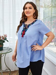 Camisa con bordado de dibujo de cuello con cordón - Azul - Ver 3