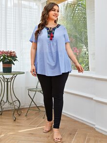 Camisa con bordado de dibujo de cuello con cordón - Azul - Ver 5