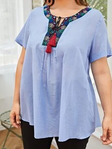 Camisa con bordado de dibujo de cuello con cordón - Azul - Ver 6