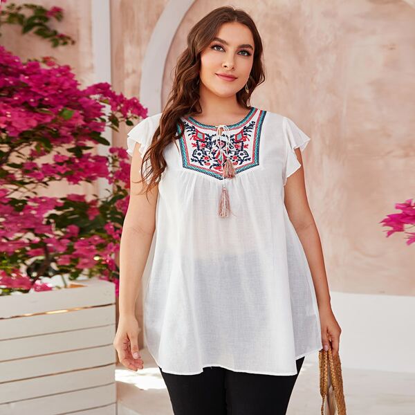 

Plus Embroidered Tie Neck Fringe Tunic Blouse, White