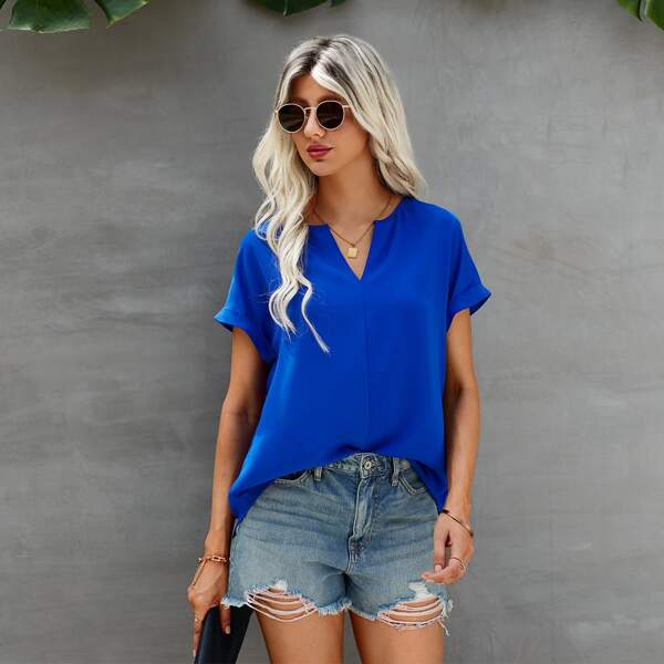 

Notched Neck Batwing Sleeve Blouse, Royal blue