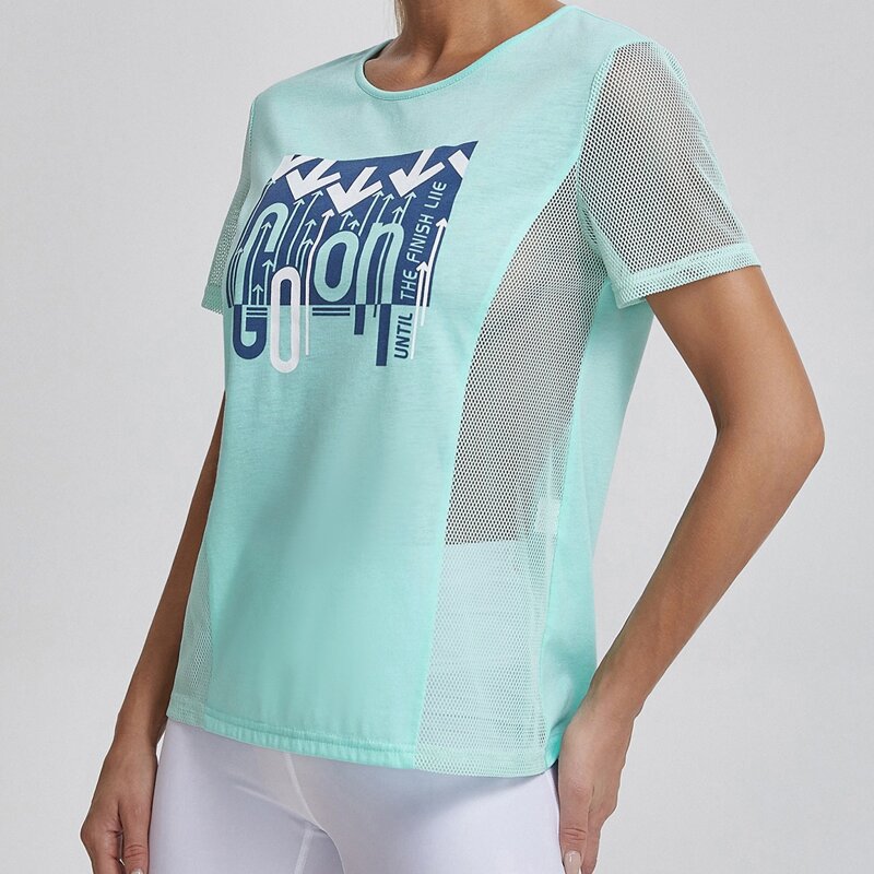 

Graphic Print Mesh Insert Sports Tee, Mint green