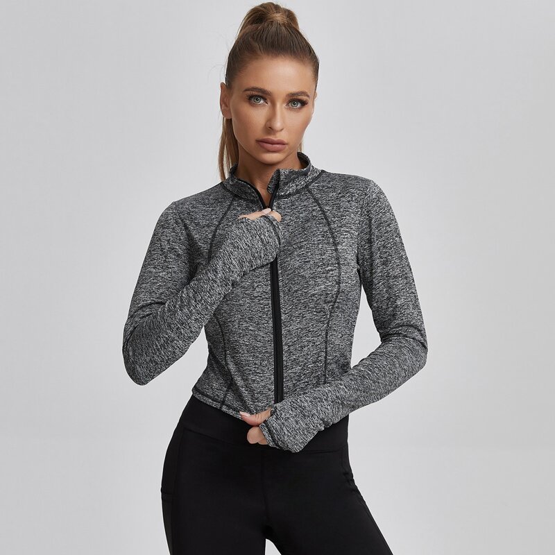 Zip Front Thumb Holes Sports Jacket, Grey
