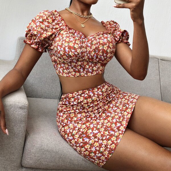 

Allover Floral Print Tie Back Top & Zip Skirt Set, Multicolor