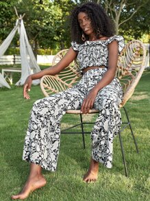 SHEIN Unity 佩斯利印花露肩荷葉邊飾邊抽褶上衣 - 黑與白 - 查看 4