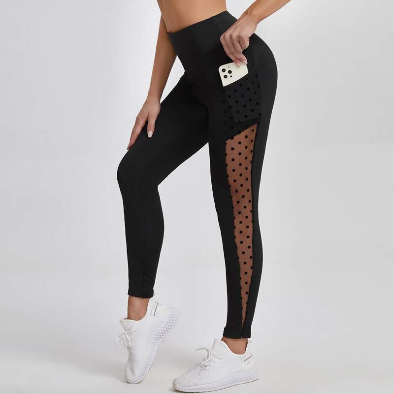 

Polka Dot Mesh Panel Sports Leggings With Phone Pocket, Black