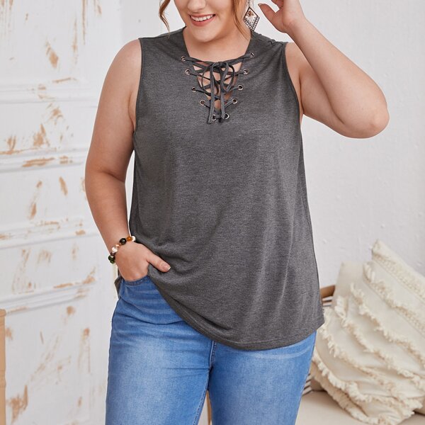 

Plus Grommet Lace-up Front Tank Top, Dark grey