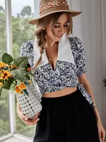 Contrast Collar Allover Floral Wrap Blouse - Multicolor - View 1