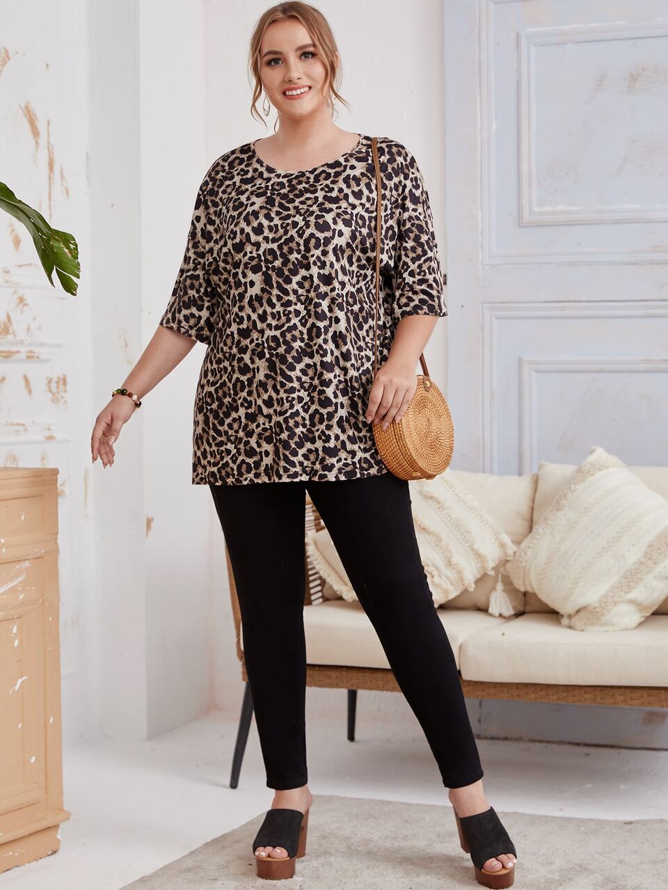 Plus Drop Shoulder Leopard Top,Summer/Spring