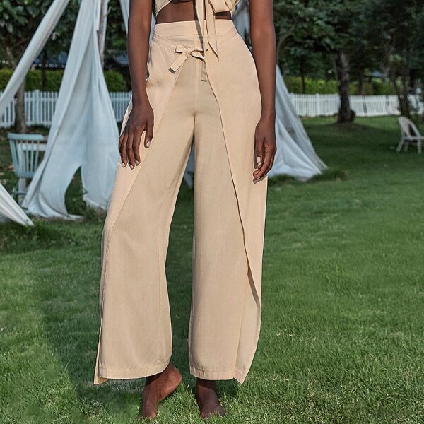 

Tie Front Zip Back Pants, Khaki