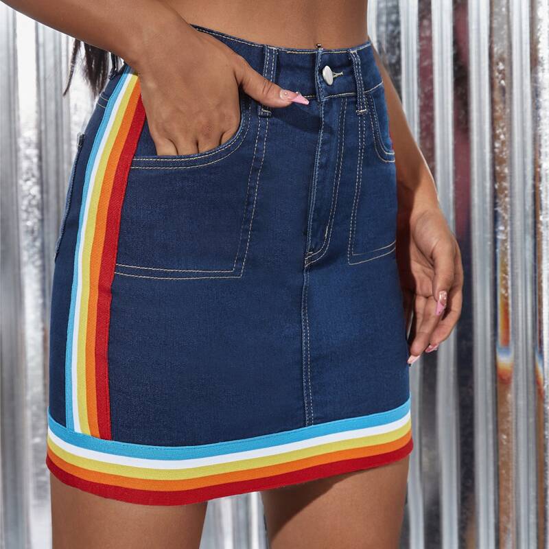 

Rainbow Striped Tape Denim Skirt, Multicolor