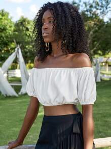 Puff Sleeve Bardot Crop Top - White - View 1