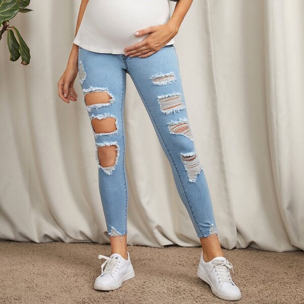 

Maternity Wide Waistband Ripped Skinny Jeans, Light wash