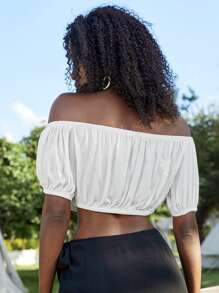 Puff Sleeve Bardot Crop Top - White - View 2