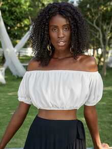 Puff Sleeve Bardot Crop Top - White - View 4