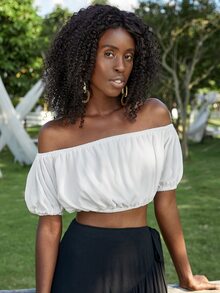 Puff Sleeve Bardot Crop Top - White - View 5
