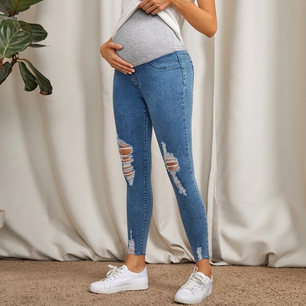 

Maternity Wide Waistband Ripped Skinny Jeans, Medium wash