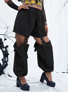 PUNK Plus Buckle Cut Out Carrot Trousers - Black - View 1