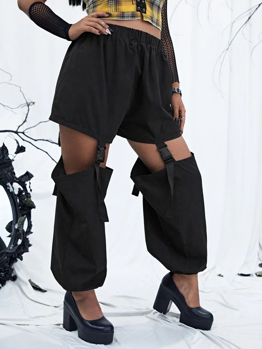 PUNK Plus Buckle Cut Out Carrot Trousers - Black - View 1