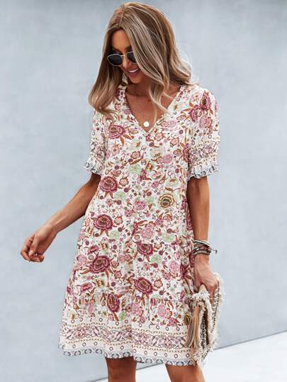 SHEIN Holidaya Allover Floral Print Flounce Sleeve Smock Dress