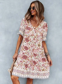 SHEIN Holidaya 滿版印花荷葉邊袖娃娃洋裝 - 彩色 - 查看 4