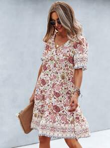 SHEIN Holidaya 滿版印花荷葉邊袖娃娃洋裝 - 彩色 - 查看 5